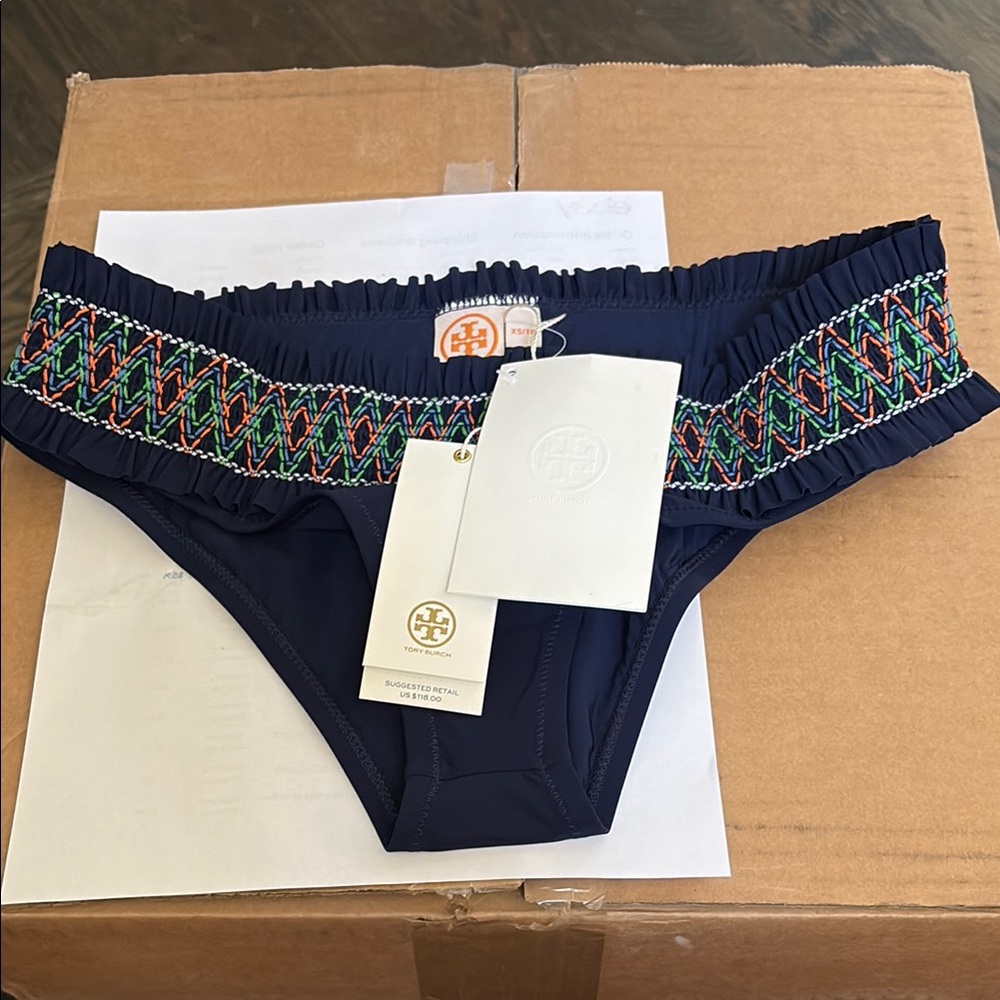 Tory Burch Navy Bikini Bottom with Colorful embroidered Trim with ruffles xsmall